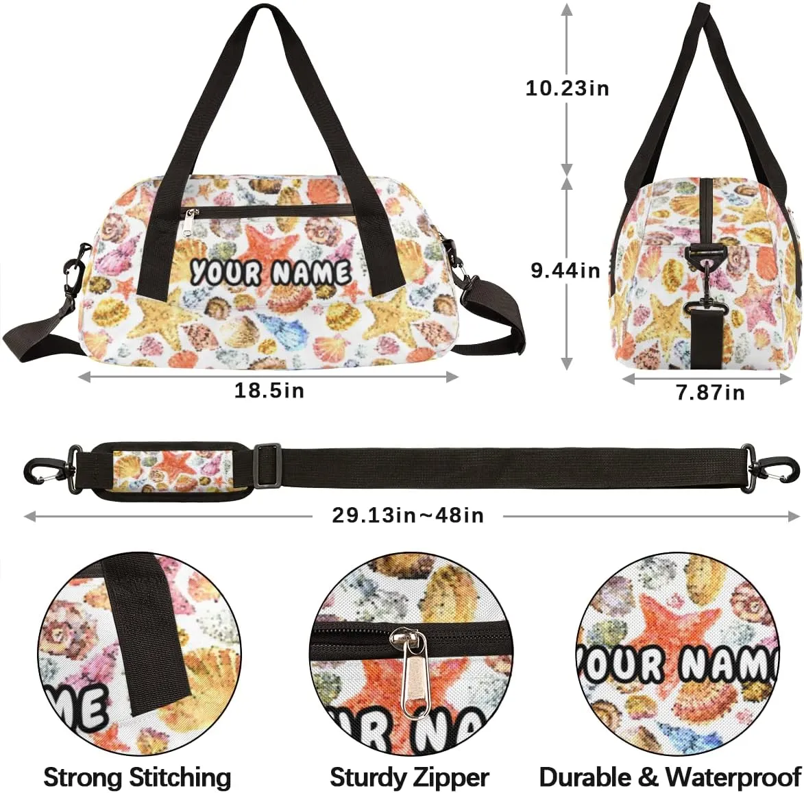 Seashell Starfish Personalized Kids Duffel Bag for Girls, Seashell Debris Custom Name Dance Bag Overnight Small Duffel Bag Carry On Weekend Sports Travel Bag for School Practice Gymnastics Ballet