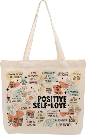 Self Love Daily Affirmations for Women, Inspirational Mom Teacher Nurse Christian Gifts Canvas Tote Bag with Pocket