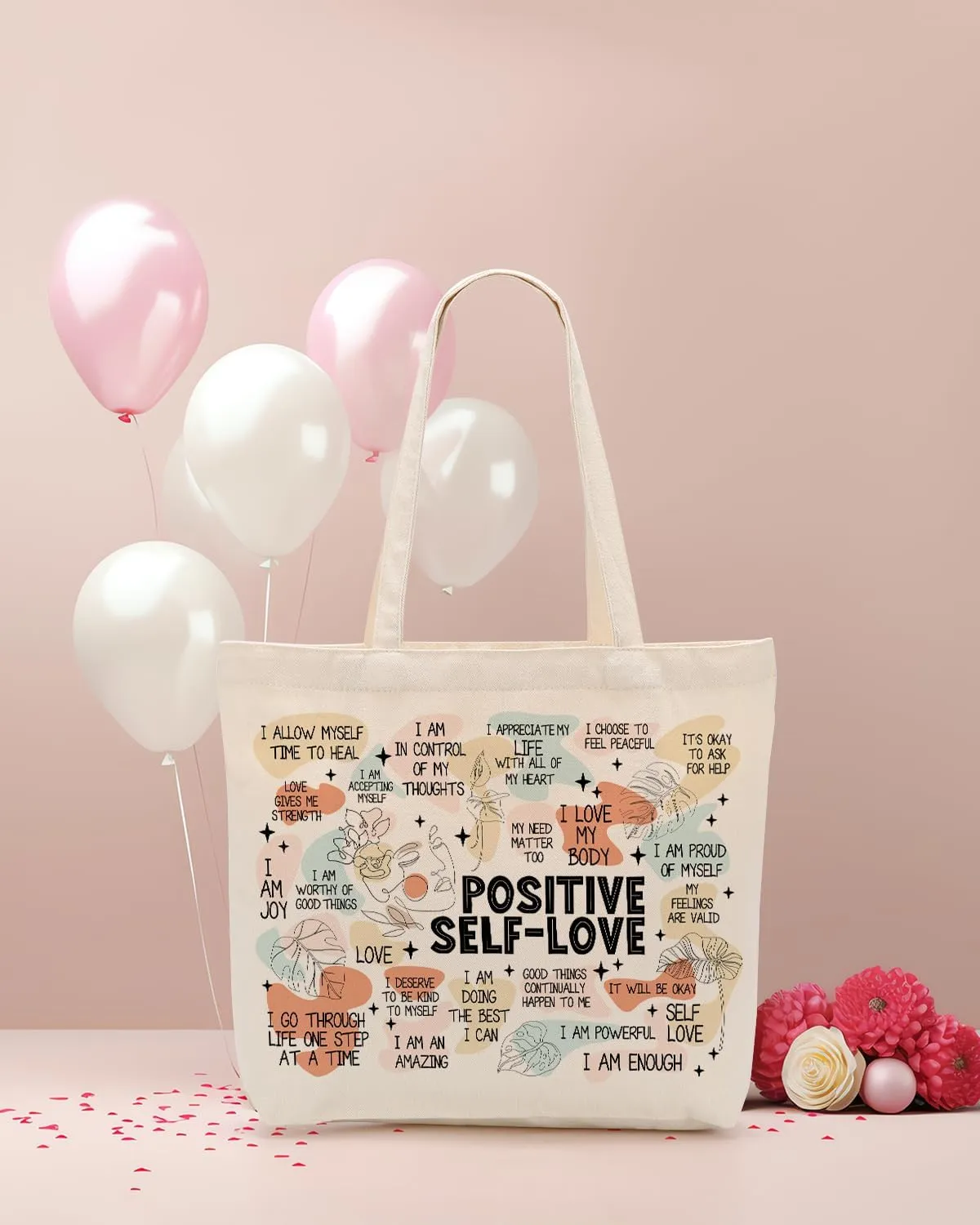 Self Love Daily Affirmations for Women, Inspirational Mom Teacher Nurse Christian Gifts Canvas Tote Bag with Pocket