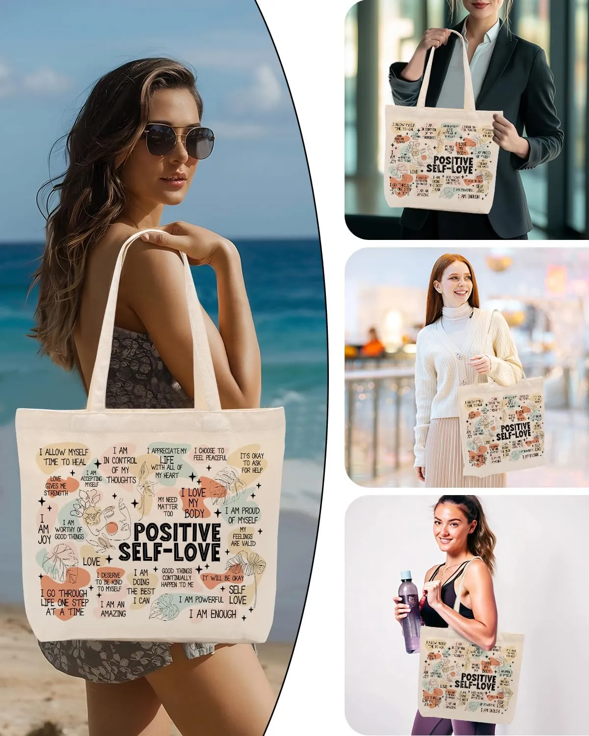 Self Love Daily Affirmations for Women, Inspirational Mom Teacher Nurse Christian Gifts Canvas Tote Bag with Pocket