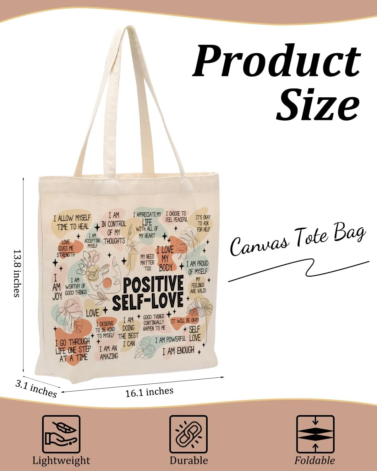 Self Love Daily Affirmations for Women, Inspirational Mom Teacher Nurse Christian Gifts Canvas Tote Bag with Pocket
