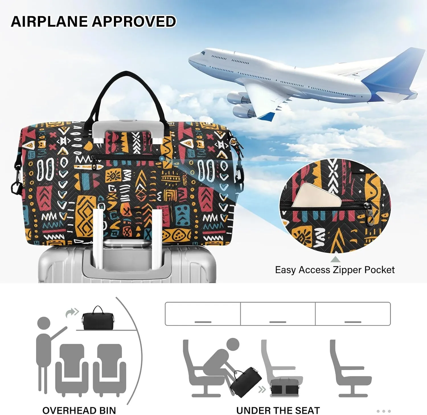 senya Weekender Bags Travel Duffel Gym Bag African Geometric Print Carry on Overnight Tote Bag with Toiletry Bag for Airplane Travel Trip Gym Yoga, g366803672p1006c1071s2442