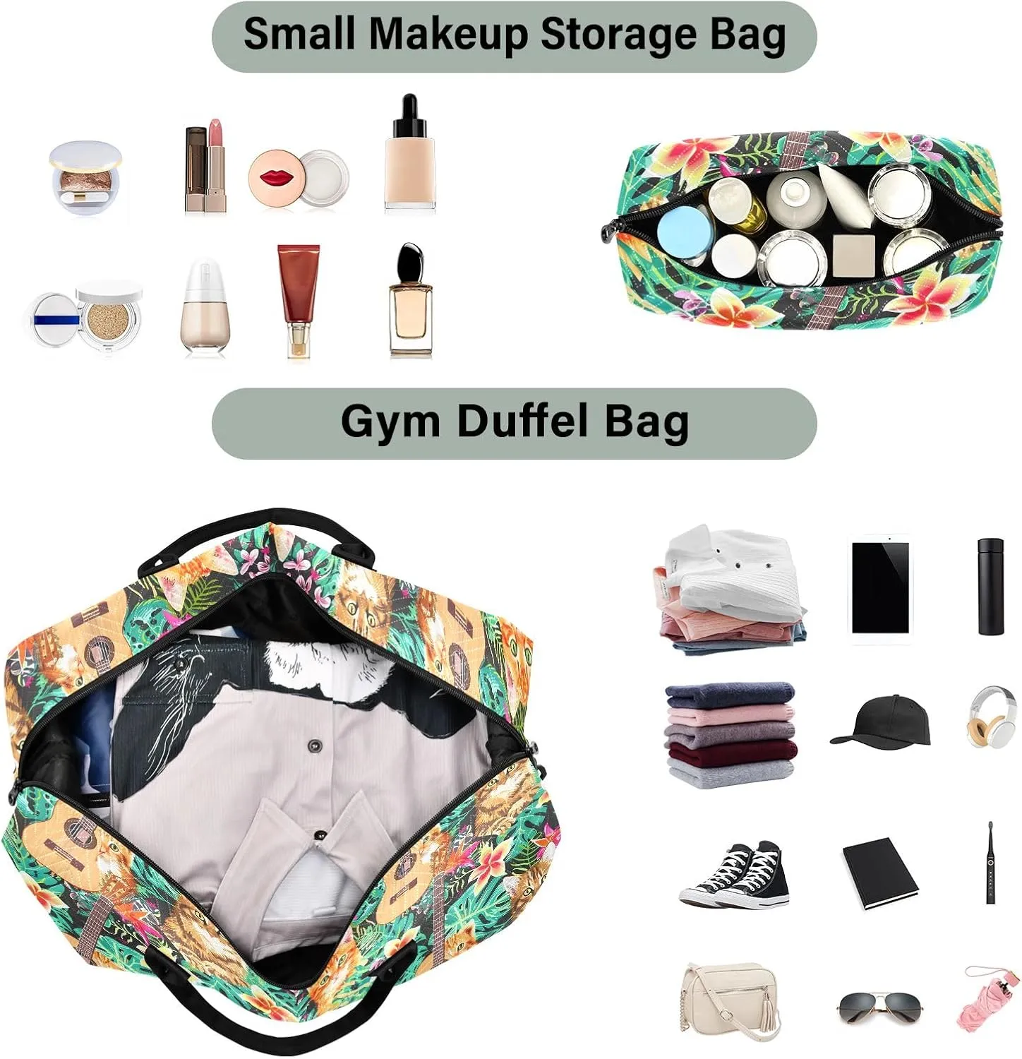 senya Weekender Bags Travel Duffel Gym Bag Hawaiian Orange Cat Grey Tabby Cat Face Carry on Overnight Tote Bag with Toiletry Bag for Airplane Travel Trip Gym Yoga, g366810519p1006c1071s2442