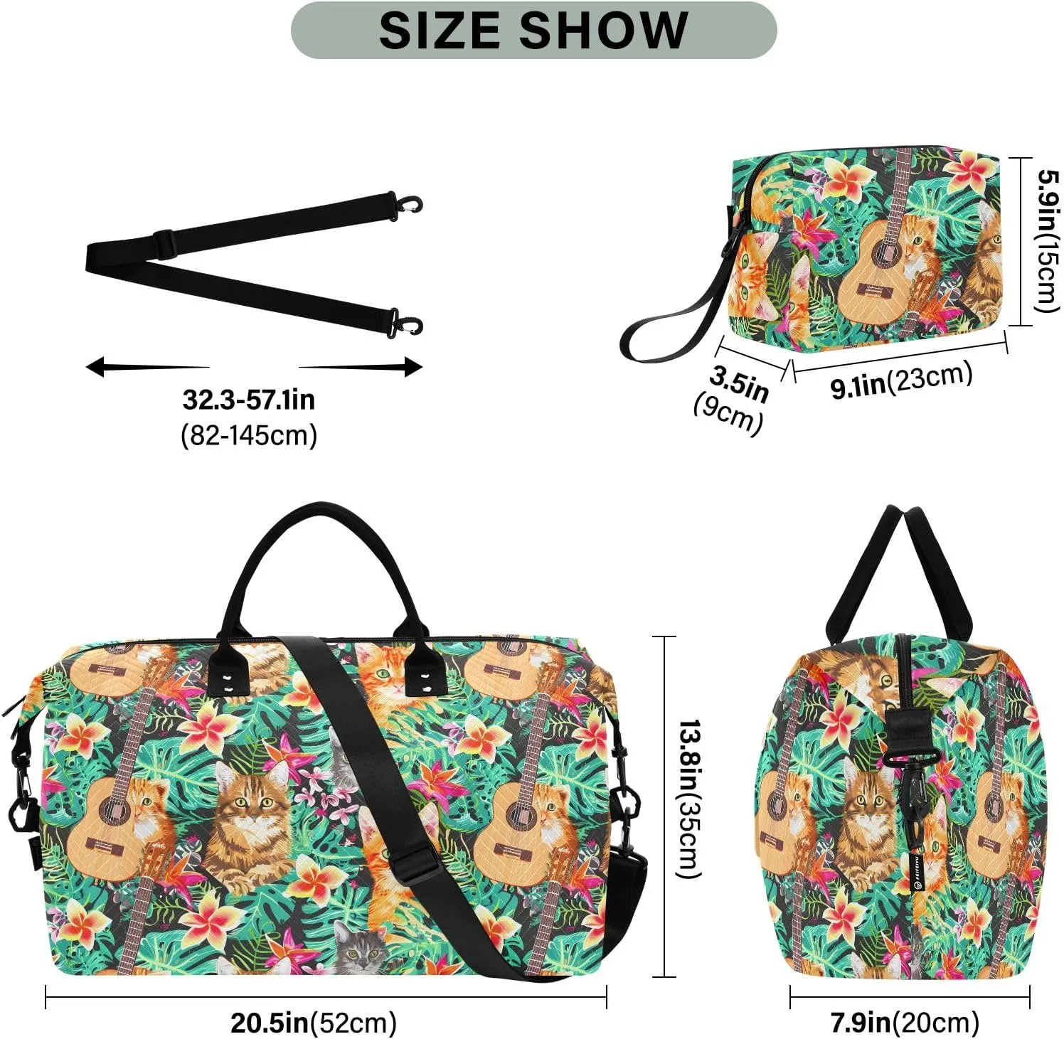 senya Weekender Bags Travel Duffel Gym Bag Hawaiian Orange Cat Grey Tabby Cat Face Carry on Overnight Tote Bag with Toiletry Bag for Airplane Travel Trip Gym Yoga, g366810519p1006c1071s2442