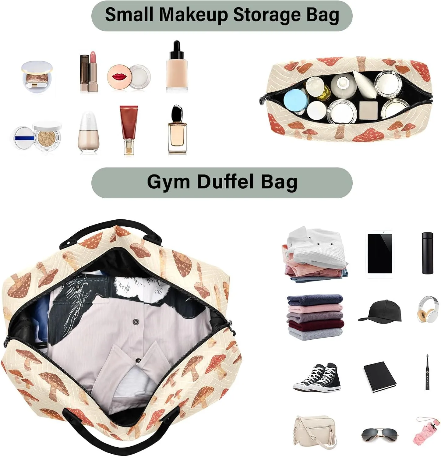 senya Weekender Bags Travel Duffel Gym Bag Mushrooms Retro Carry on Overnight Tote Bag with Toiletry Bag for Airplane Travel Trip Gym Yoga