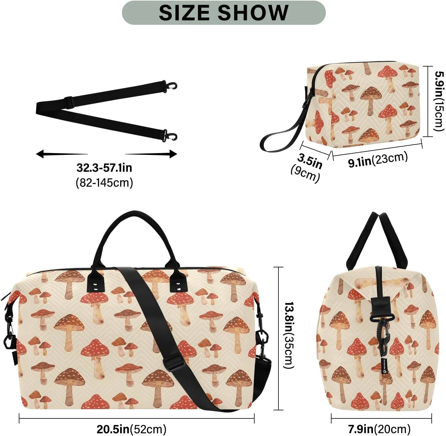 senya Weekender Bags Travel Duffel Gym Bag Mushrooms Retro Carry on Overnight Tote Bag with Toiletry Bag for Airplane Travel Trip Gym Yoga