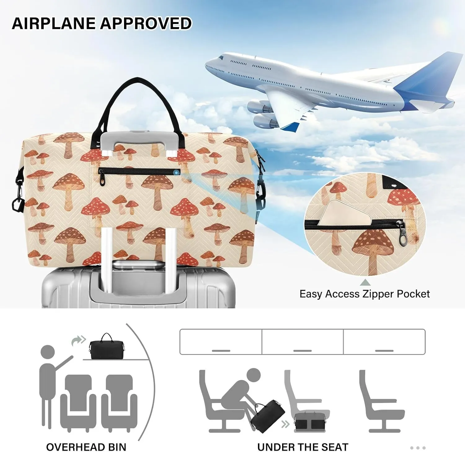 senya Weekender Bags Travel Duffel Gym Bag Mushrooms Retro Carry on Overnight Tote Bag with Toiletry Bag for Airplane Travel Trip Gym Yoga