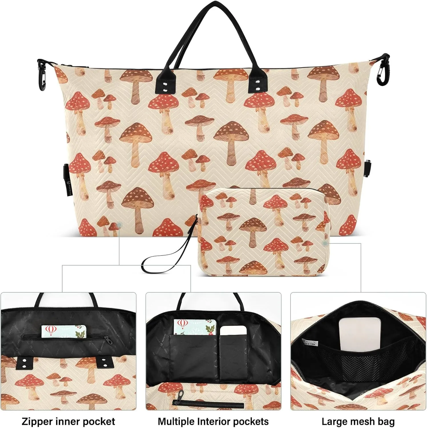 senya Weekender Bags Travel Duffel Gym Bag Mushrooms Retro Carry on Overnight Tote Bag with Toiletry Bag for Airplane Travel Trip Gym Yoga