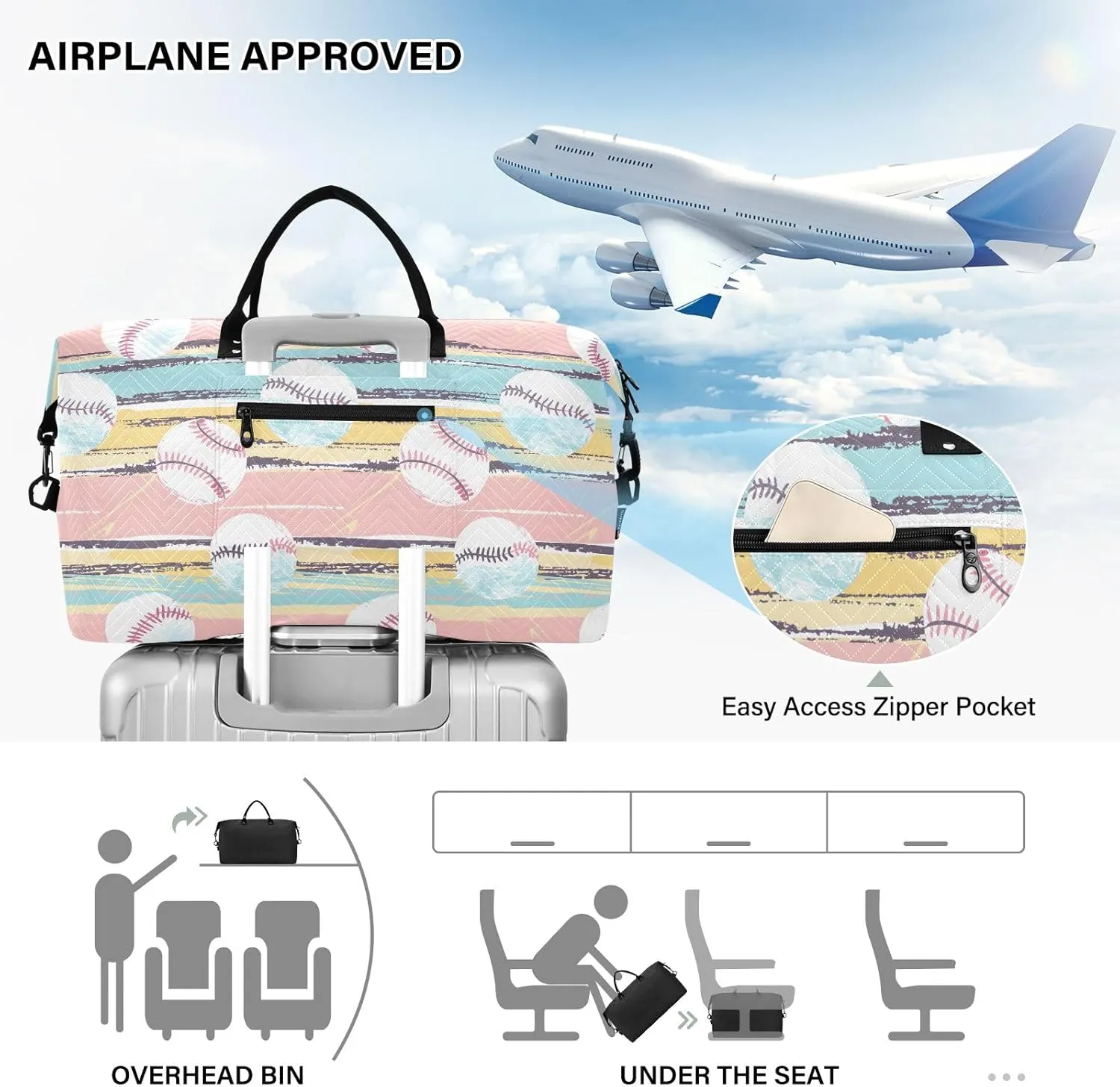 senya Weekender Bags Travel Duffel Gym Bag Stripes Baseball Carry on Overnight Tote Bag with Toiletry Bag for Airplane Travel Trip Gym Yoga