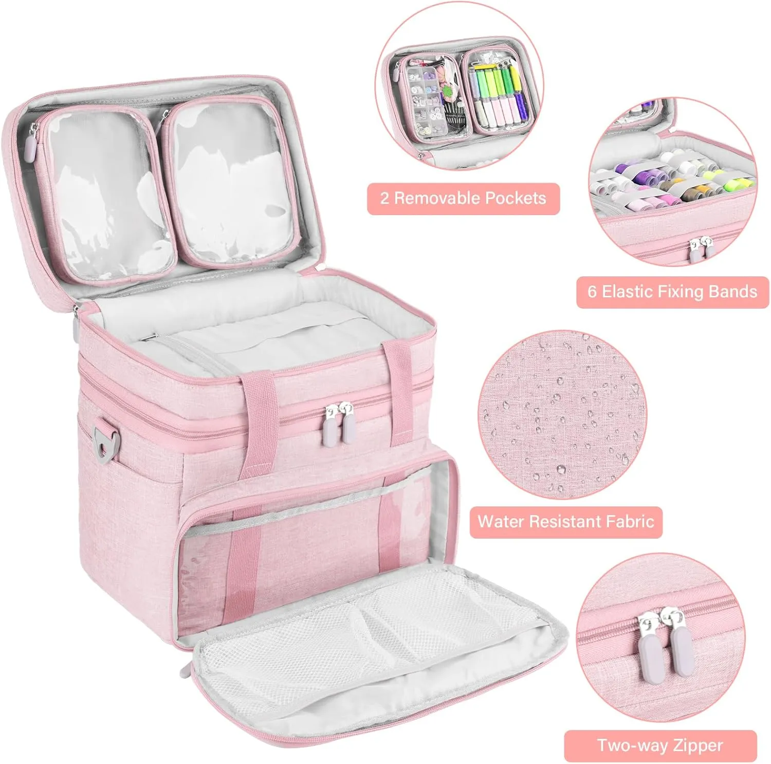 Sewing Accessories Organizer Case with Shoulder Strap,Double Layer Sewing Storage Bag with 2 Detachable Pouches for Sewing Accessories and Supplies,Large Travel Sewing Box for Sewing kit Tools,Pink