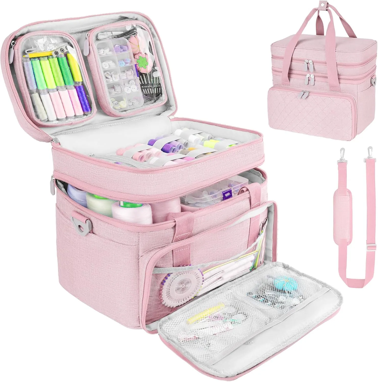 Sewing Accessories Organizer Case with Shoulder Strap,Double Layer Sewing Storage Bag with 2 Detachable Pouches for Sewing Accessories and Supplies,Large Travel Sewing Box for Sewing kit Tools,Pink