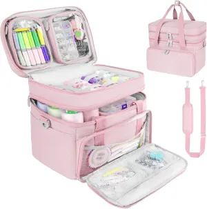 Sewing Accessories Organizer Case with Shoulder Strap,Double Layer Sewing Storage Bag with 2 Detachable Pouches for Sewing Accessories and Supplies,Large Travel Sewing Box for Sewing kit Tools,Pink