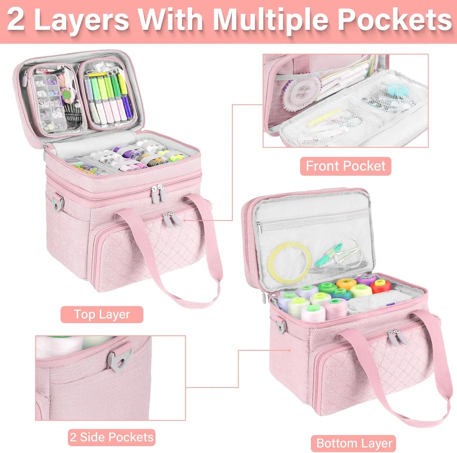 Sewing Accessories Organizer Case with Shoulder Strap,Double Layer Sewing Storage Bag with 2 Detachable Pouches for Sewing Accessories and Supplies,Large Travel Sewing Box for Sewing kit Tools,Pink