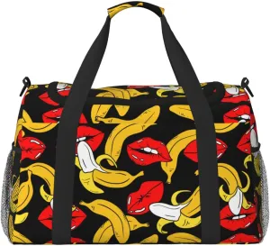 Sexy Red Lips And Banana Fruits Travel Duffle Bag Carry On Duffle Bags For Womens & Mens Travel Overnight Bag Tote Bag Yoga Gym Bag