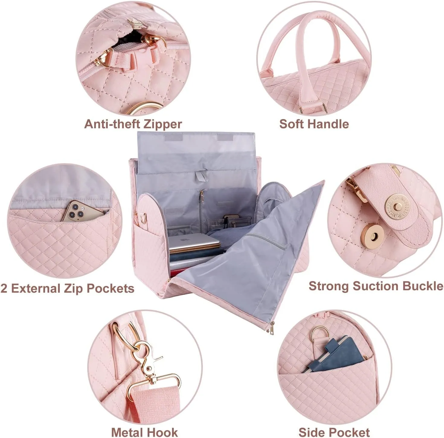 seyfocnia Convertible Carry on Garment Bag for Women,Large Garment Duffel Bag for Travel Duffel Bag with Shoe Pouch, 2 in 1 Hanging Suitcase Suit Travel Bags Pink