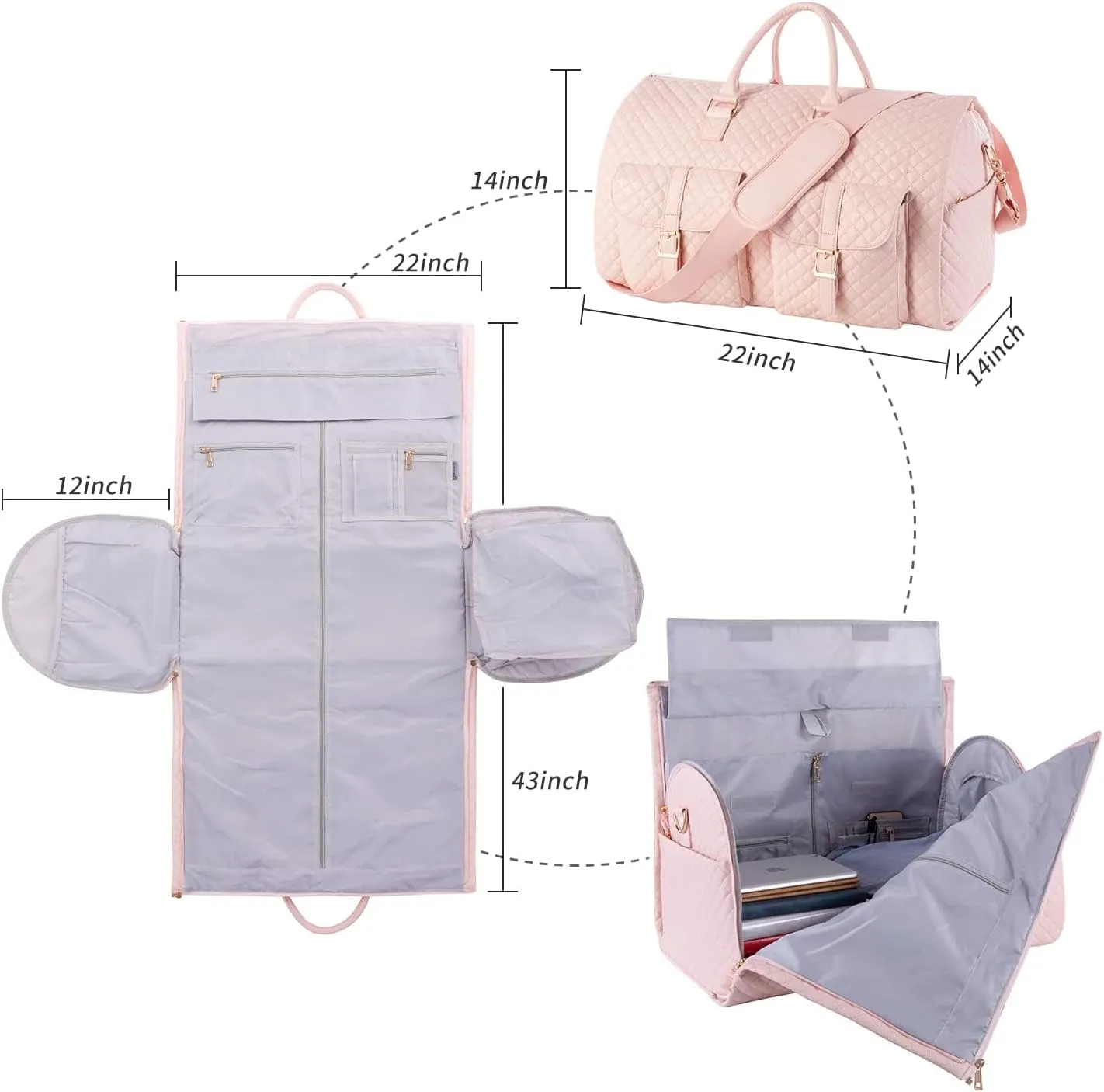 seyfocnia Convertible Carry on Garment Bag for Women,Large Garment Duffel Bag for Travel Duffel Bag with Shoe Pouch, 2 in 1 Hanging Suitcase Suit Travel Bags Pink