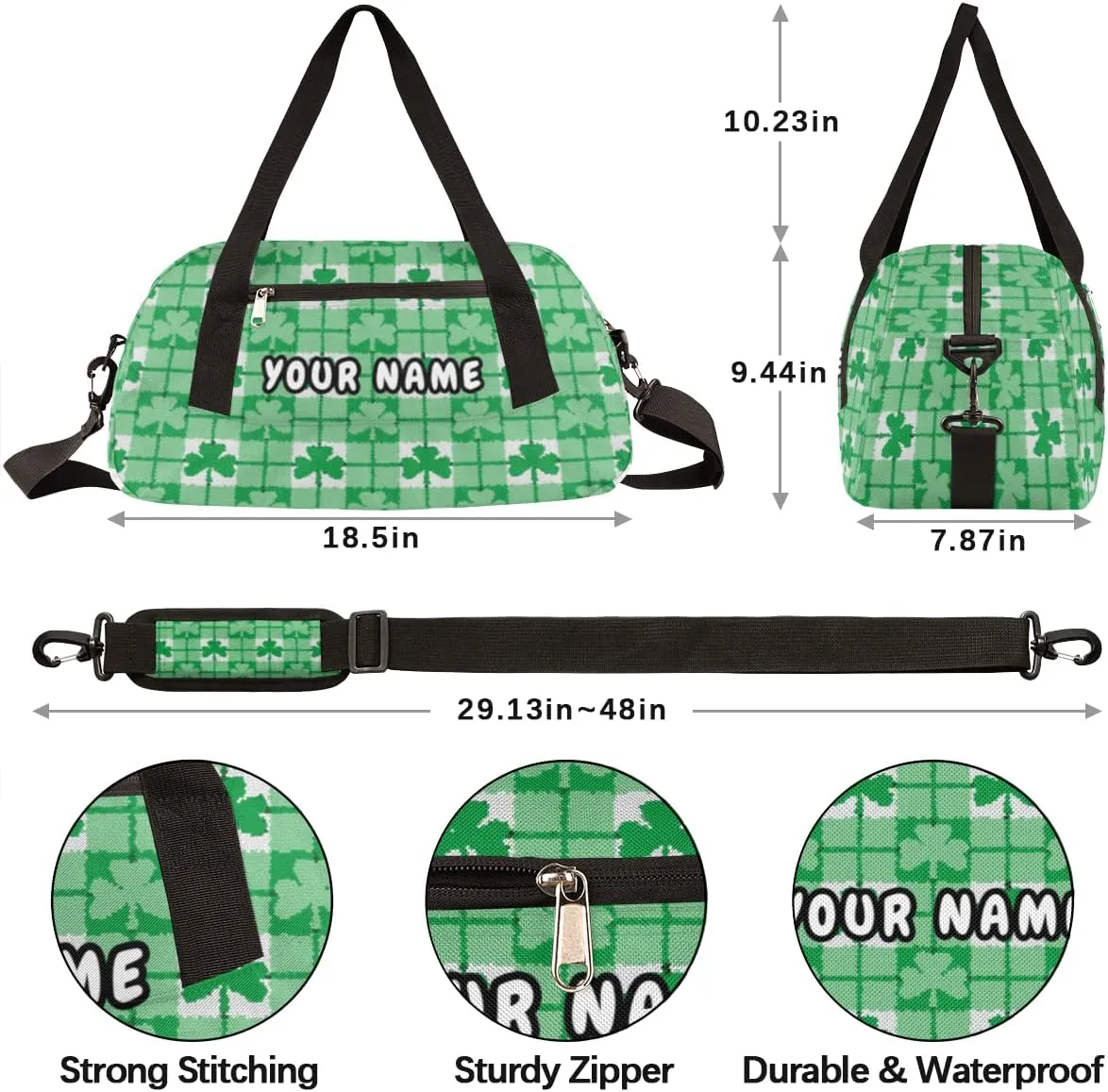 Shamrock Personalized Kids Duffel Bag for Girls Boys, Clovers Debris Custom Name Dance Bag Overnight Small Duffel Bag Carry On Sports Travel Bag for School Practice Gymnastics Ballet