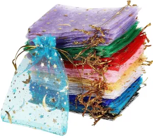 Shappy 150 Pieces Moon Stars Drawstring Organza Bags Jewelry Gift Bags Pouches Gold Star Organza Favor Pouches for Christmas Wedding Party (Assorted Colors, 3.5 x 4.7 Inch)