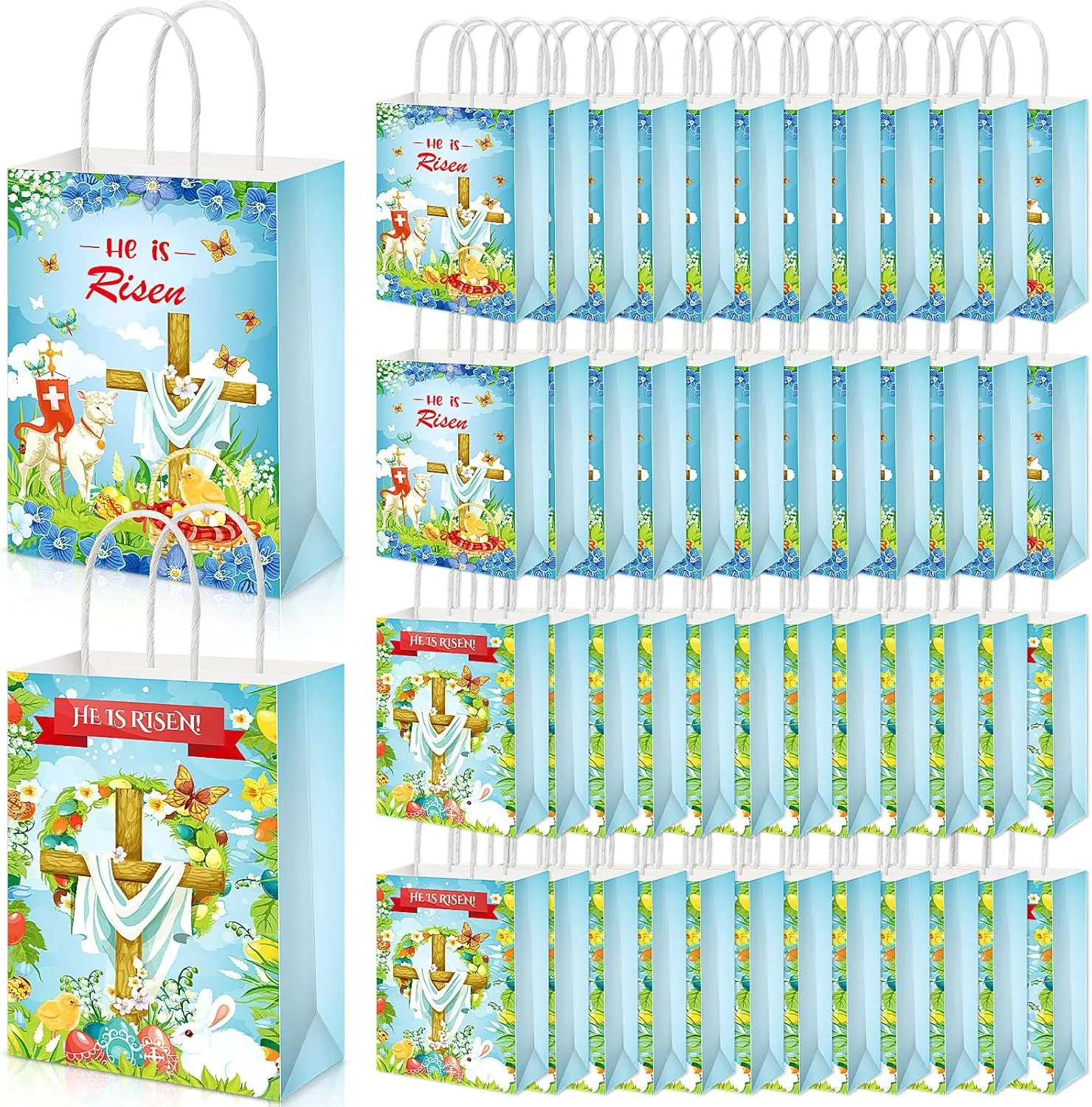 Silkfly 48 Pcs Easter Gift Bags Bulk with Handle He Is Risen Party Favor Church Religious Christian Cross Goodie Candy Treat Bag for Easter Resurrection Baptism Birthday Wedding Decor