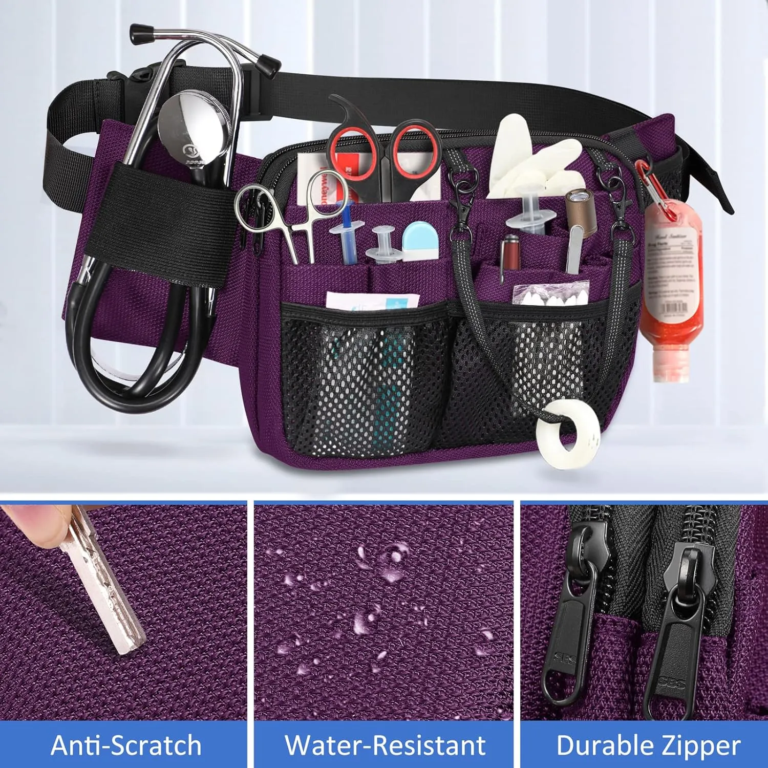 SITHON Nurse Fanny Pack with Tape Holder, Multi Compartment Medical Gear Pocket Nursing Organizer Belt Bag, Apron Hip Bag Utility Waist Pack for Stethoscopes Bandage Scissors Medical Supplies (Purple)