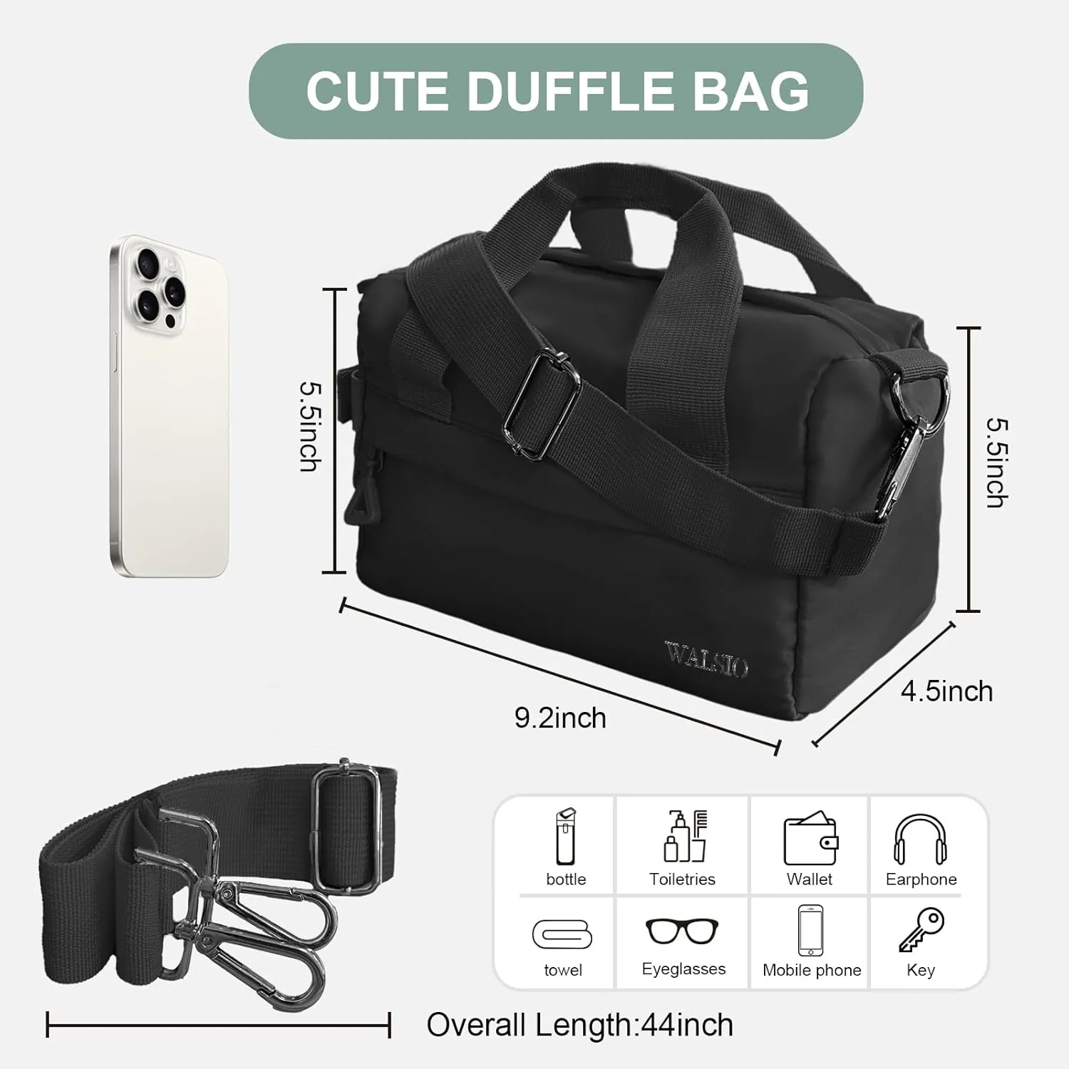 Small Gym Bag 9 inch, Mini Duffle Bag with Adjustable Strap, Lightweight Carry On Sport Bag for Women Girls (Black)