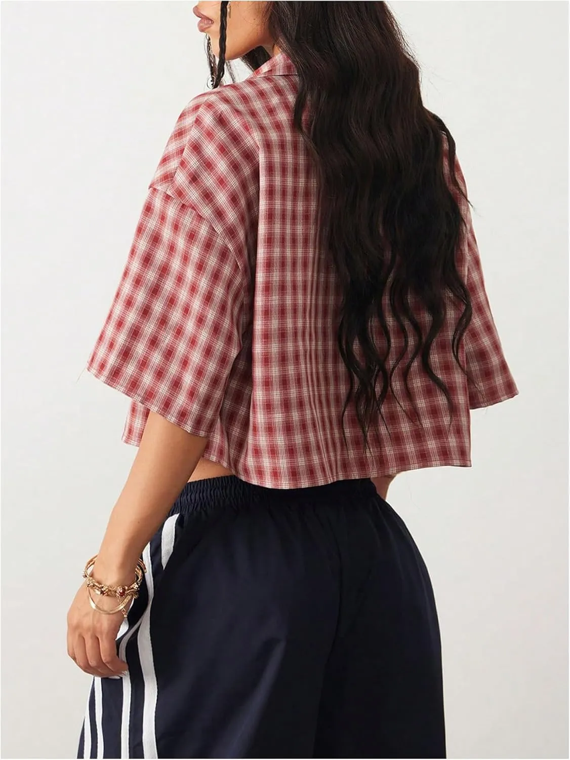 SOLY HUX Women's Button Down Vintage Plaid Shirts Short Sleeve Crop Blouses Preppy Clothes