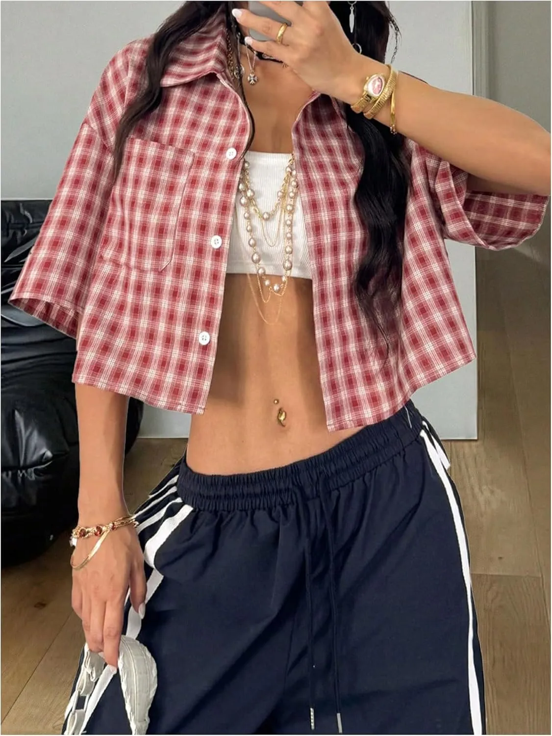 SOLY HUX Women's Button Down Vintage Plaid Shirts Short Sleeve Crop Blouses Preppy Clothes