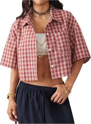 SOLY HUX Women's Button Down Vintage Plaid Shirts Short Sleeve Crop Blouses Preppy Clothes