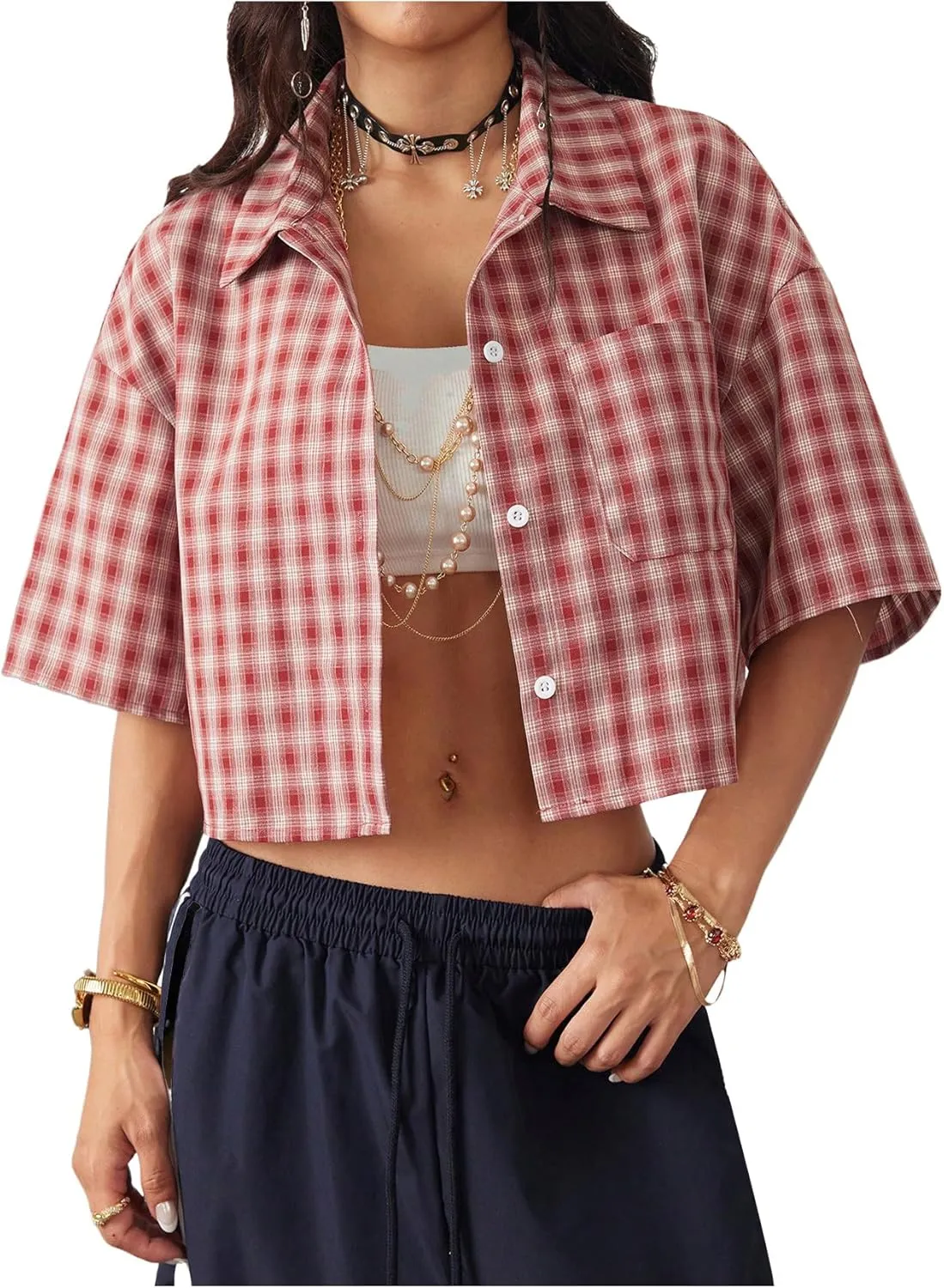 SOLY HUX Women's Button Down Vintage Plaid Shirts Short Sleeve Crop Blouses Preppy Clothes