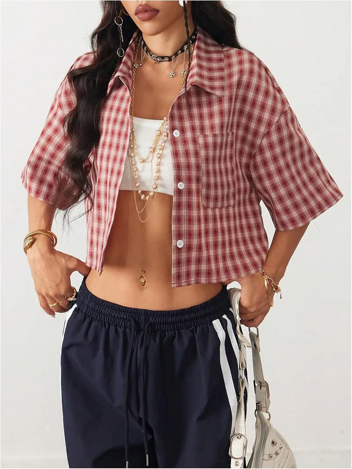 SOLY HUX Women's Button Down Vintage Plaid Shirts Short Sleeve Crop Blouses Preppy Clothes
