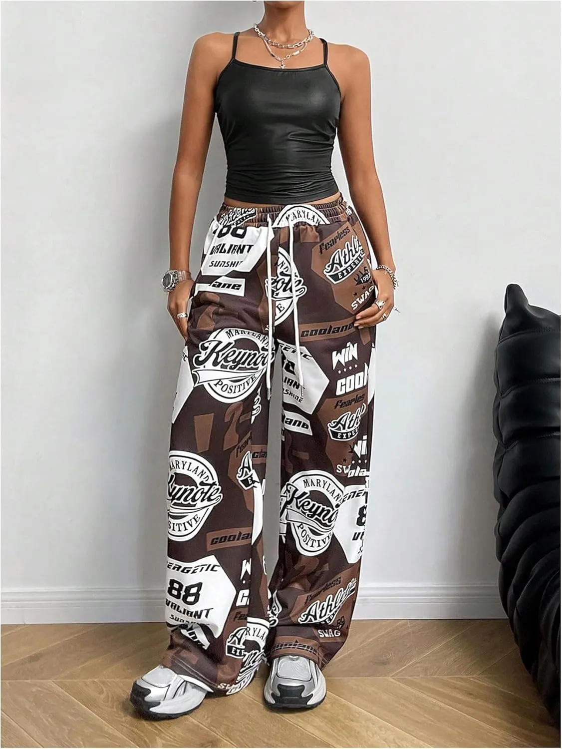SOLY HUX Women's Graphic Baggy Pants Drawstring High Waisted Baggy Sweatpants with Pocket Streetwear