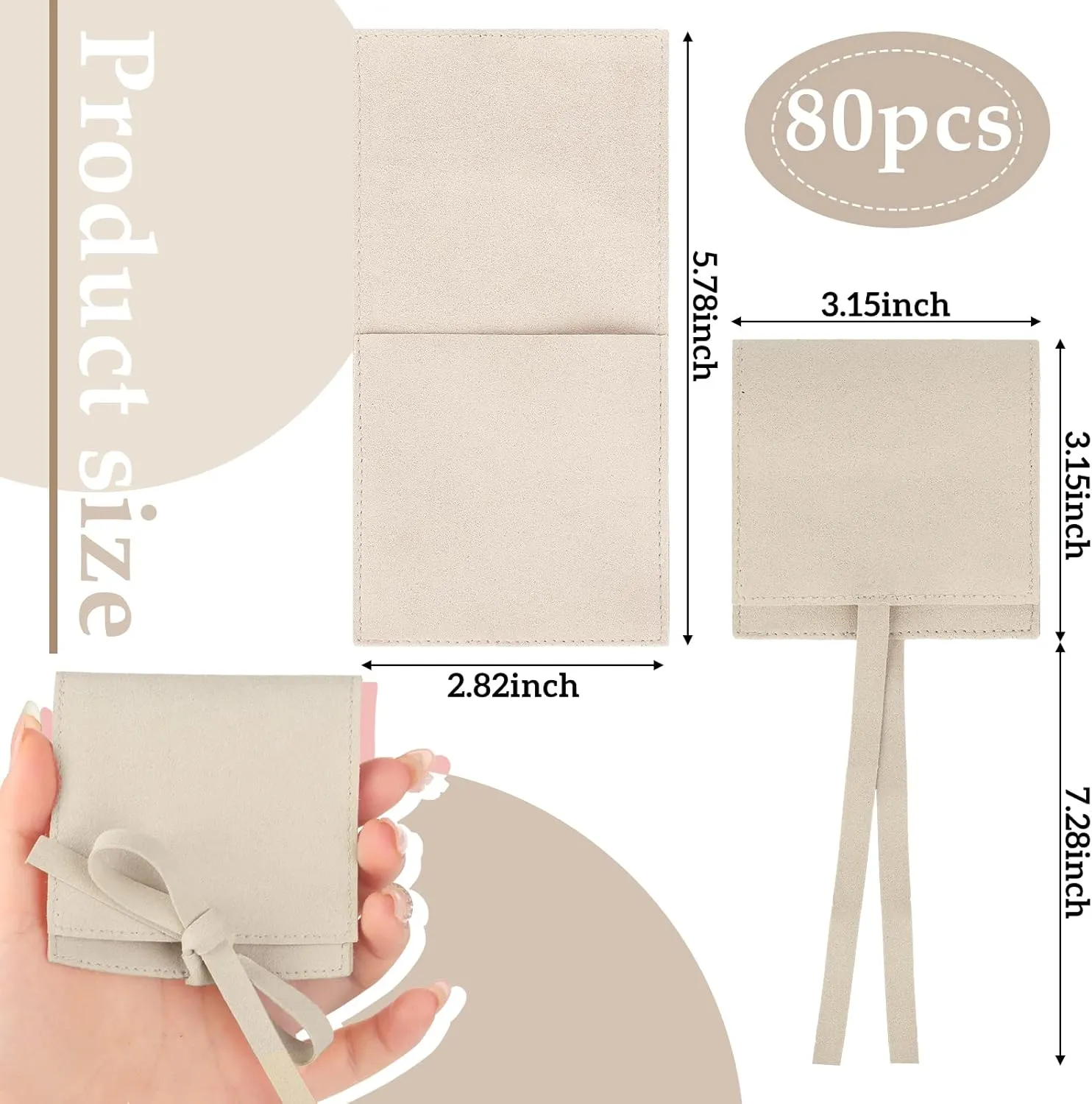 Sotiff 80 Pcs Microfiber Jewelry Pouch 8x8 cm Jewelry Packaging Bag Luxury Small Gift Bag for Small Business Envelope Style Bracelet Packaging Bow Tie Microfiber Pouch with Strings Divider(Khaki)