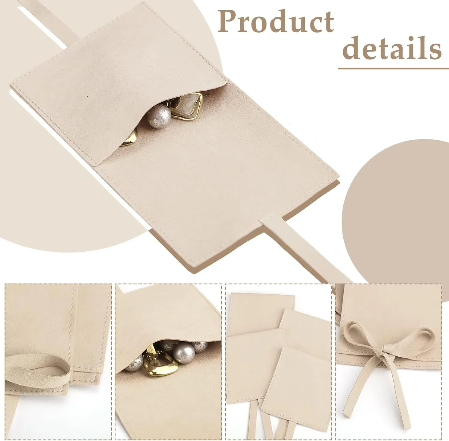 Sotiff 80 Pcs Microfiber Jewelry Pouch 8x8 cm Jewelry Packaging Bag Luxury Small Gift Bag for Small Business Envelope Style Bracelet Packaging Bow Tie Microfiber Pouch with Strings Divider(Khaki)