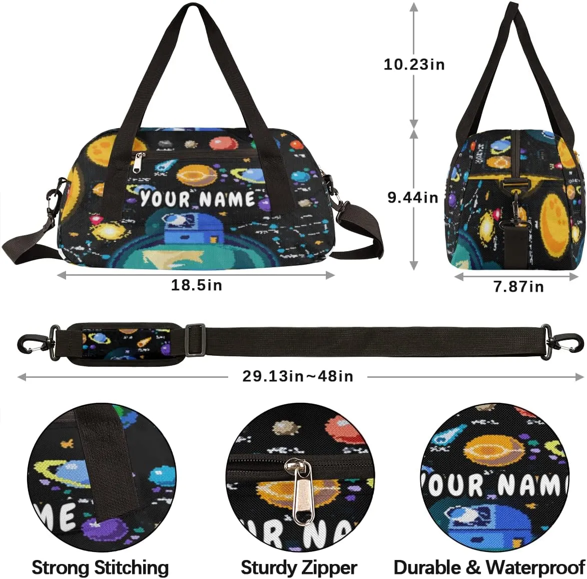 Space 3D Galaxy Solar System Galaxy Personalized Kids Duffel Bag for Boys, Planets Customized Name Overnight Small Duffel Bag Carry On Weekend Sports Travel Bag for School Practice Gymnastics Ballet