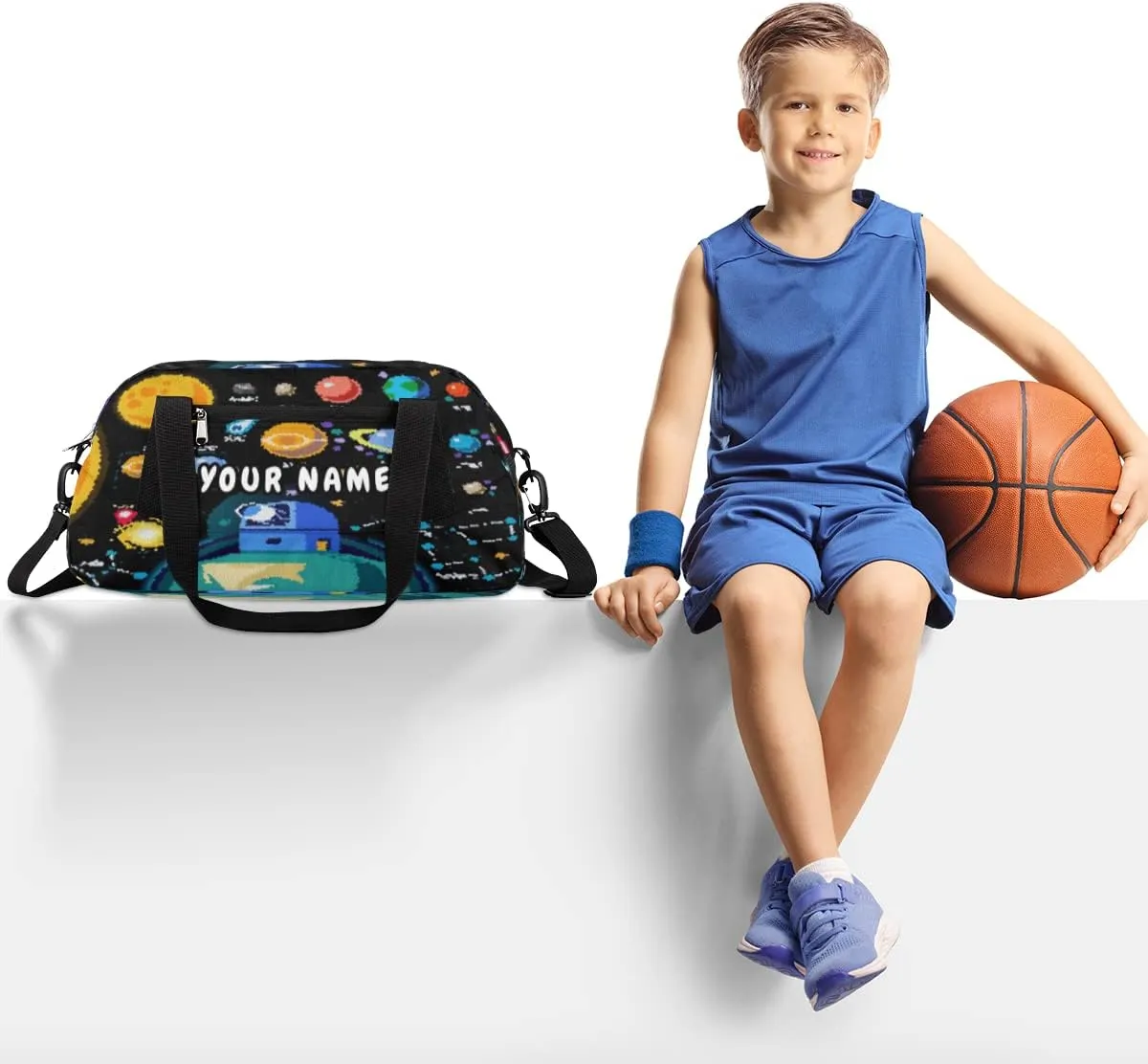 Space 3D Galaxy Solar System Galaxy Personalized Kids Duffel Bag for Boys, Planets Customized Name Overnight Small Duffel Bag Carry On Weekend Sports Travel Bag for School Practice Gymnastics Ballet