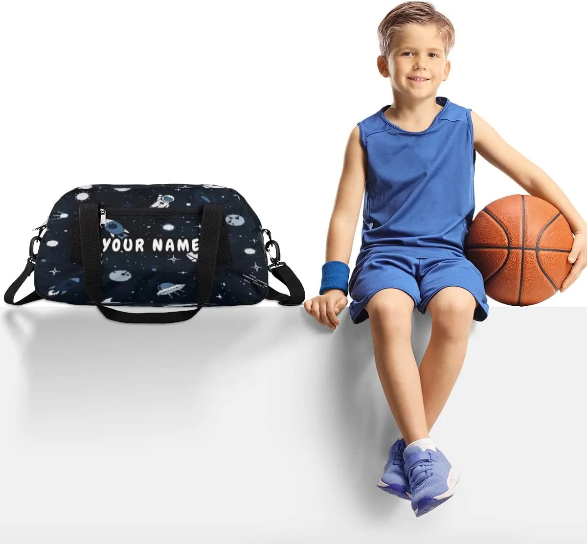 Space Cute Astronaut Rocket Personalized Kids Duffel Bag for Girls Boys, Space Customized Name Overnight Small Duffel Bag Carry On Weekend Sports Gym Travel Bag for School Practice Gymnastics Ballet