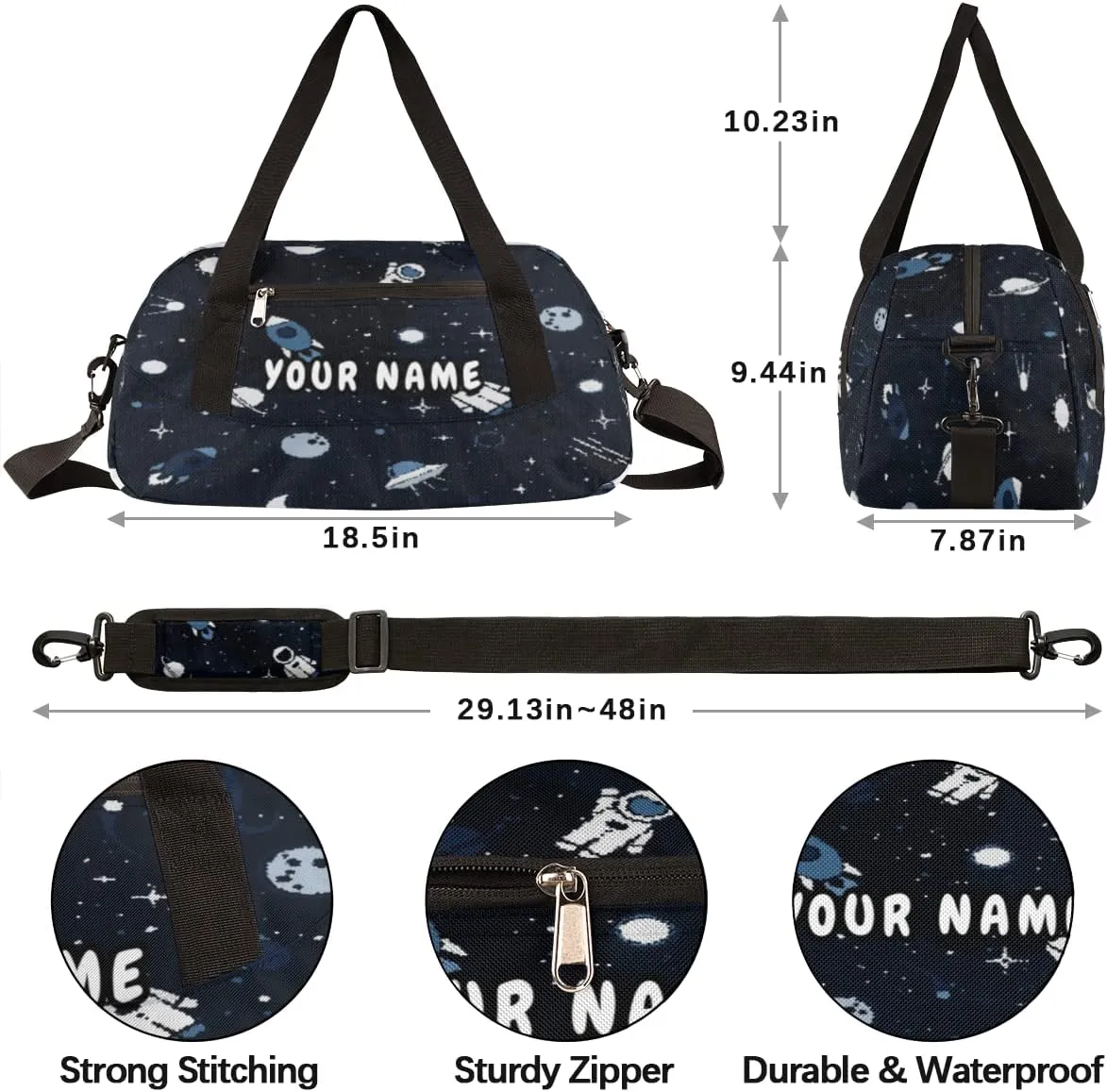 Space Cute Astronaut Rocket Personalized Kids Duffel Bag for Girls Boys, Space Customized Name Overnight Small Duffel Bag Carry On Weekend Sports Gym Travel Bag for School Practice Gymnastics Ballet