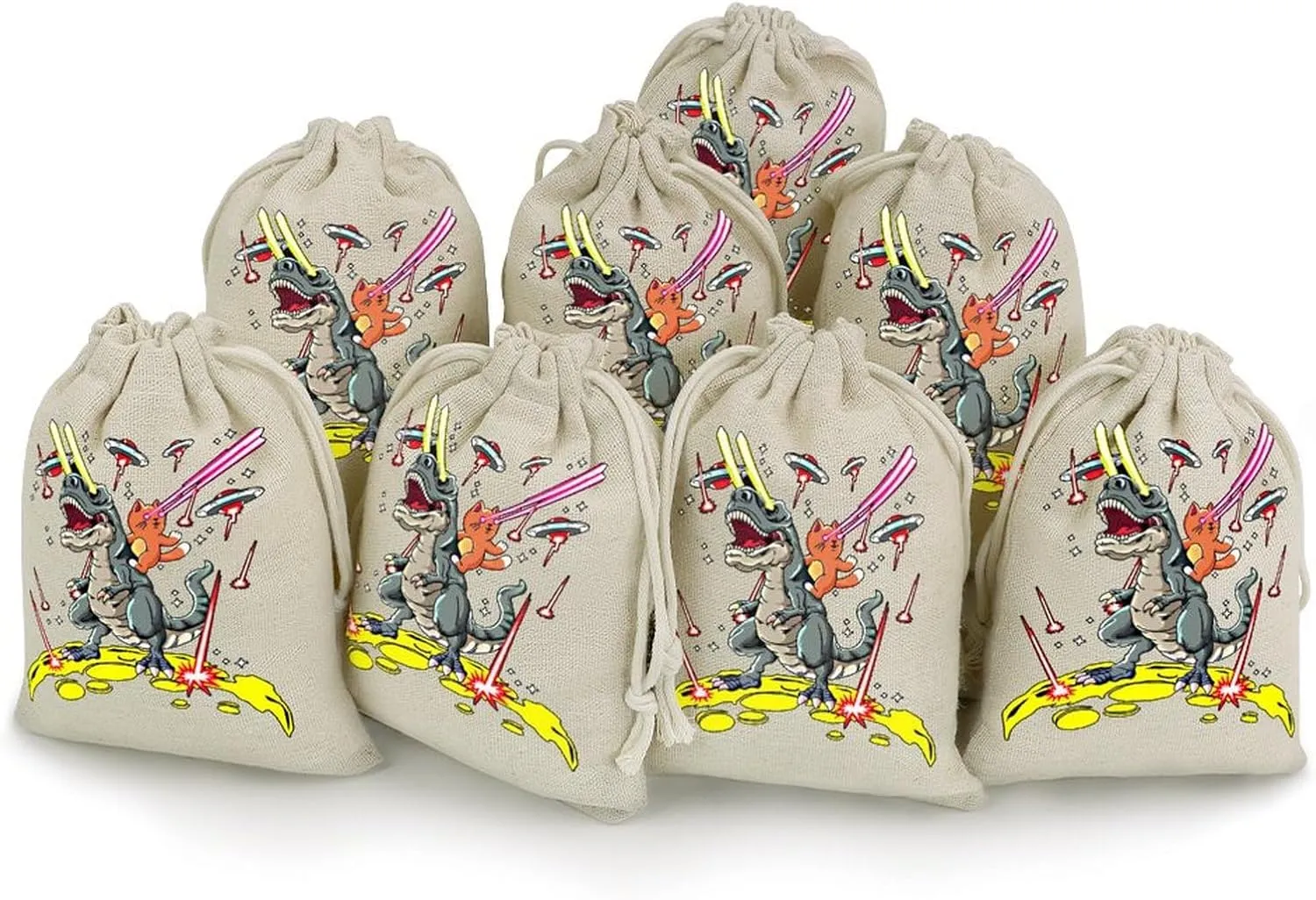 Space Laser Eyes Cat Riding Cute Tag Drawstring Gift Bags 8 Sets Pockets DIY Jewelry Storage Pouches Wedding Party