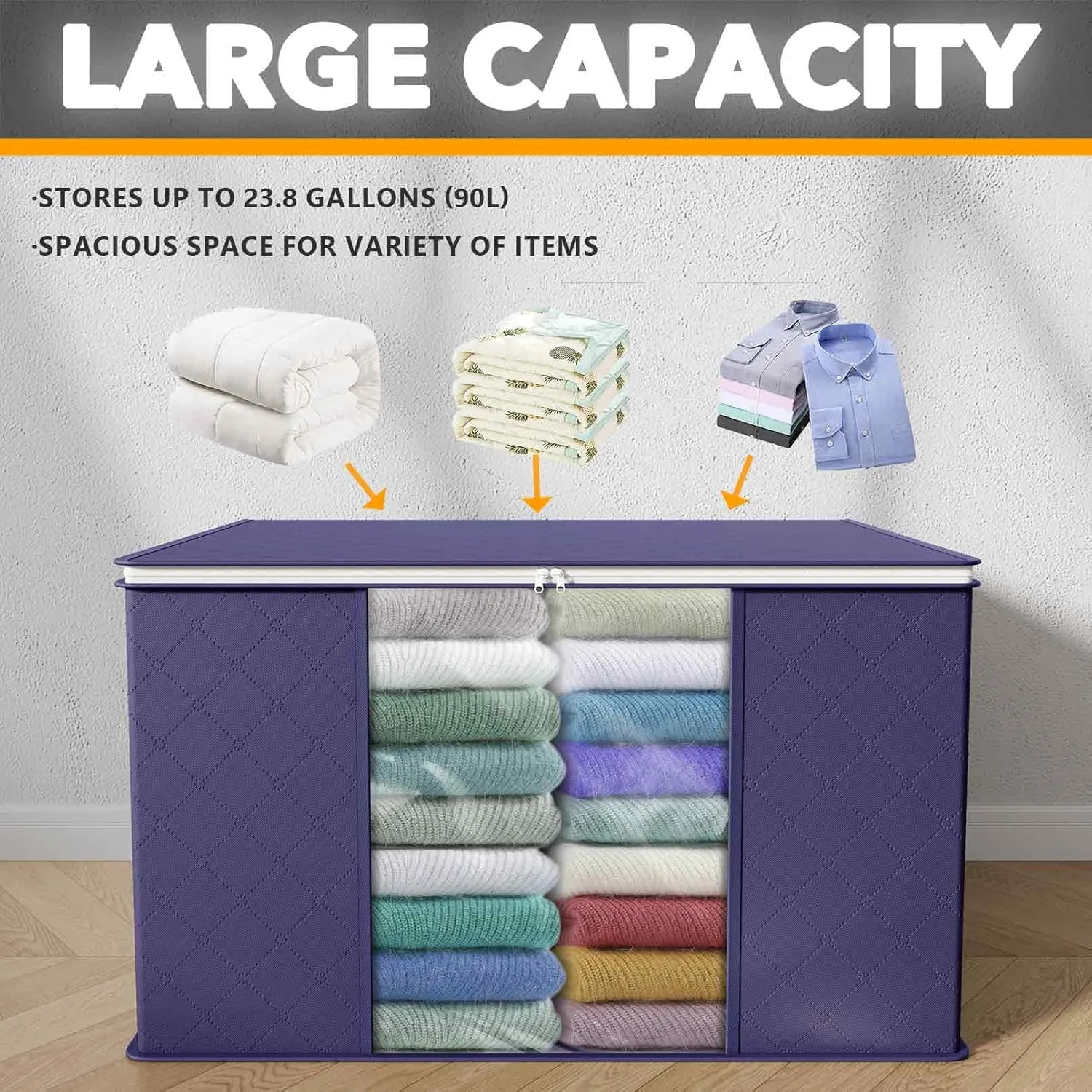 SpaceAid 6 Pack 90L Clothing Storage Bags, Heavy Duty Closet Storage Bins, Extra Large Moving bags, Storage Containers for Clothes, Blankets, Comforters, and Pillows - Blue