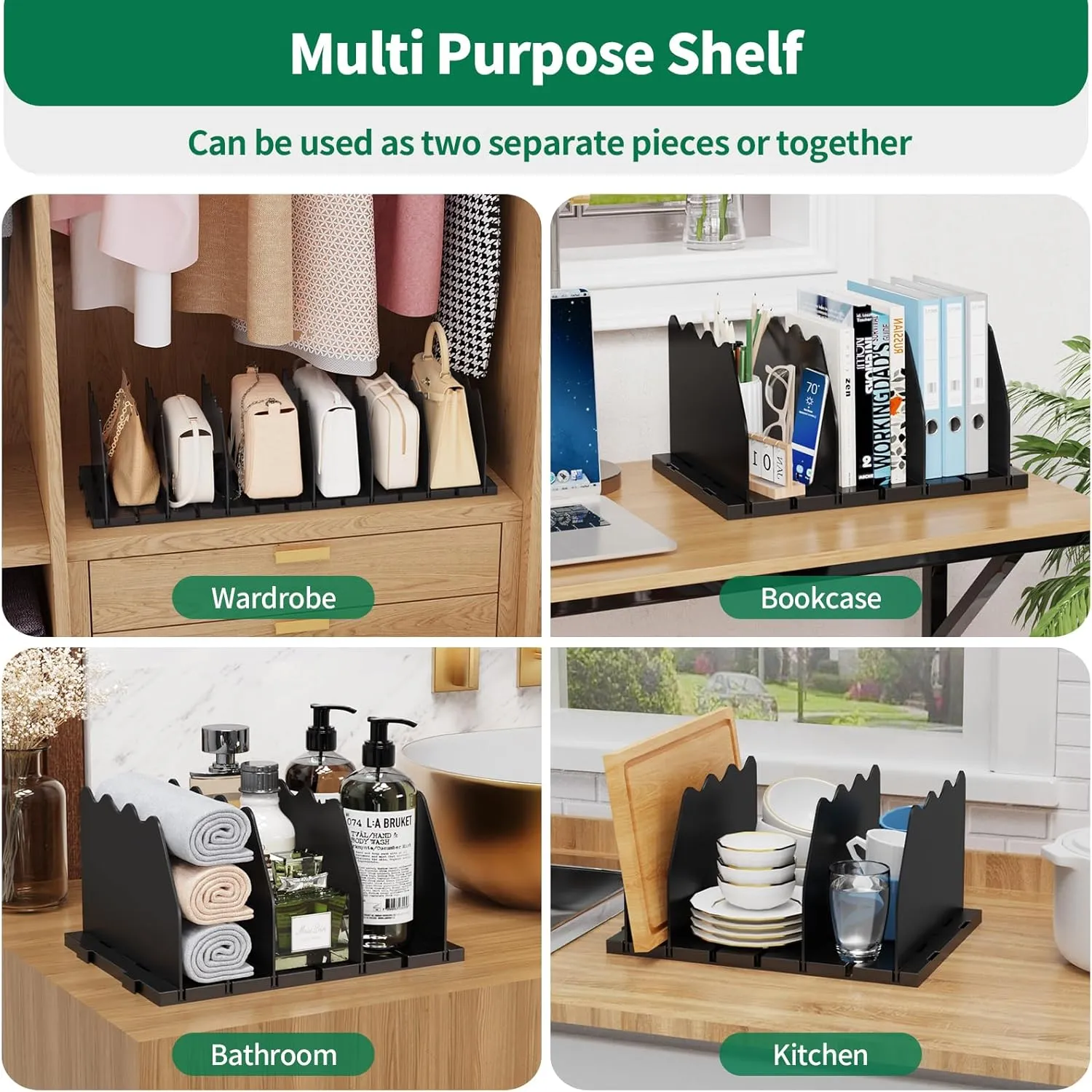SPACEKEEPER Shelf Divider for Closet, Adjustable Purse Organizers Handbag Separators Storage Organizer Bookshelf Separator Dividers in Bedroom Office Kitchen Bathroom, Black