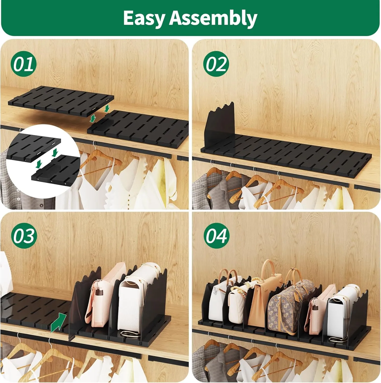 SPACEKEEPER Shelf Divider for Closet, Adjustable Purse Organizers Handbag Separators Storage Organizer Bookshelf Separator Dividers in Bedroom Office Kitchen Bathroom, Black