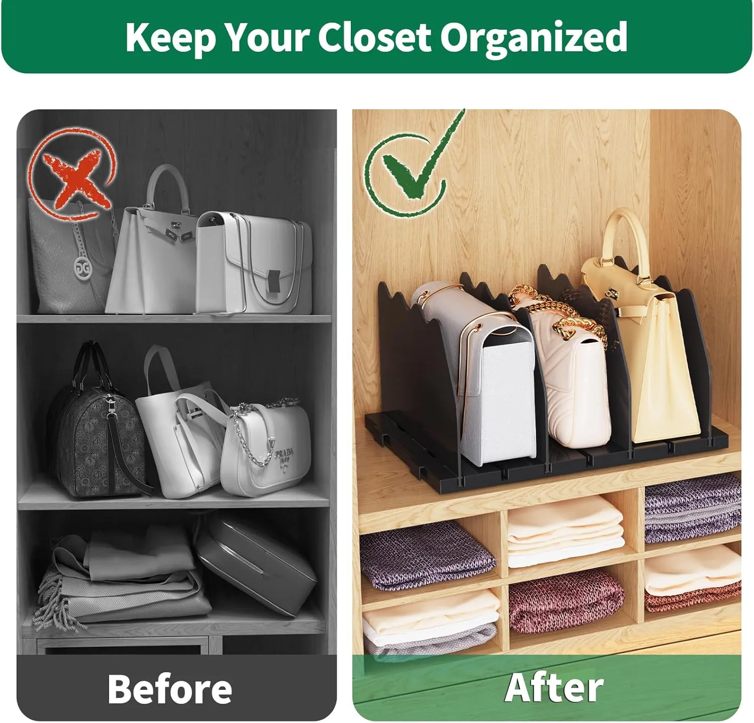 SPACEKEEPER Shelf Divider for Closet, Adjustable Purse Organizers Handbag Separators Storage Organizer Bookshelf Separator Dividers in Bedroom Office Kitchen Bathroom, Black