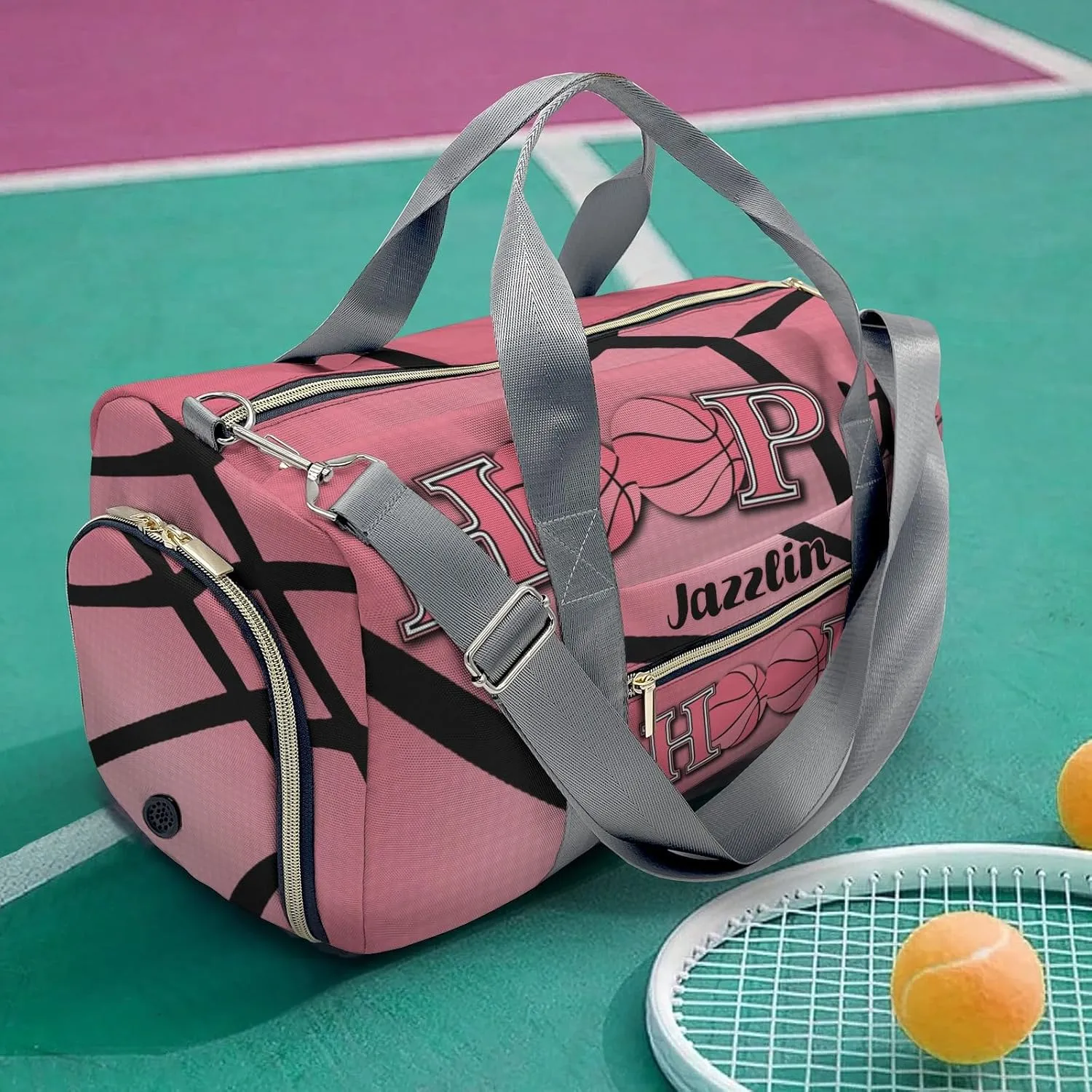 Sport Player Gym Bags Travel Duffle Bag,Hoop it Basketball Flamingo Weekender Duffel Bag with Shoe Compartment,Personalized Workout Duffle Sports Bag for Travel