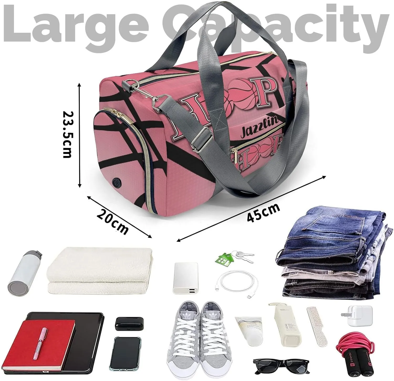 Sport Player Gym Bags Travel Duffle Bag,Hoop it Basketball Flamingo Weekender Duffel Bag with Shoe Compartment,Personalized Workout Duffle Sports Bag for Travel