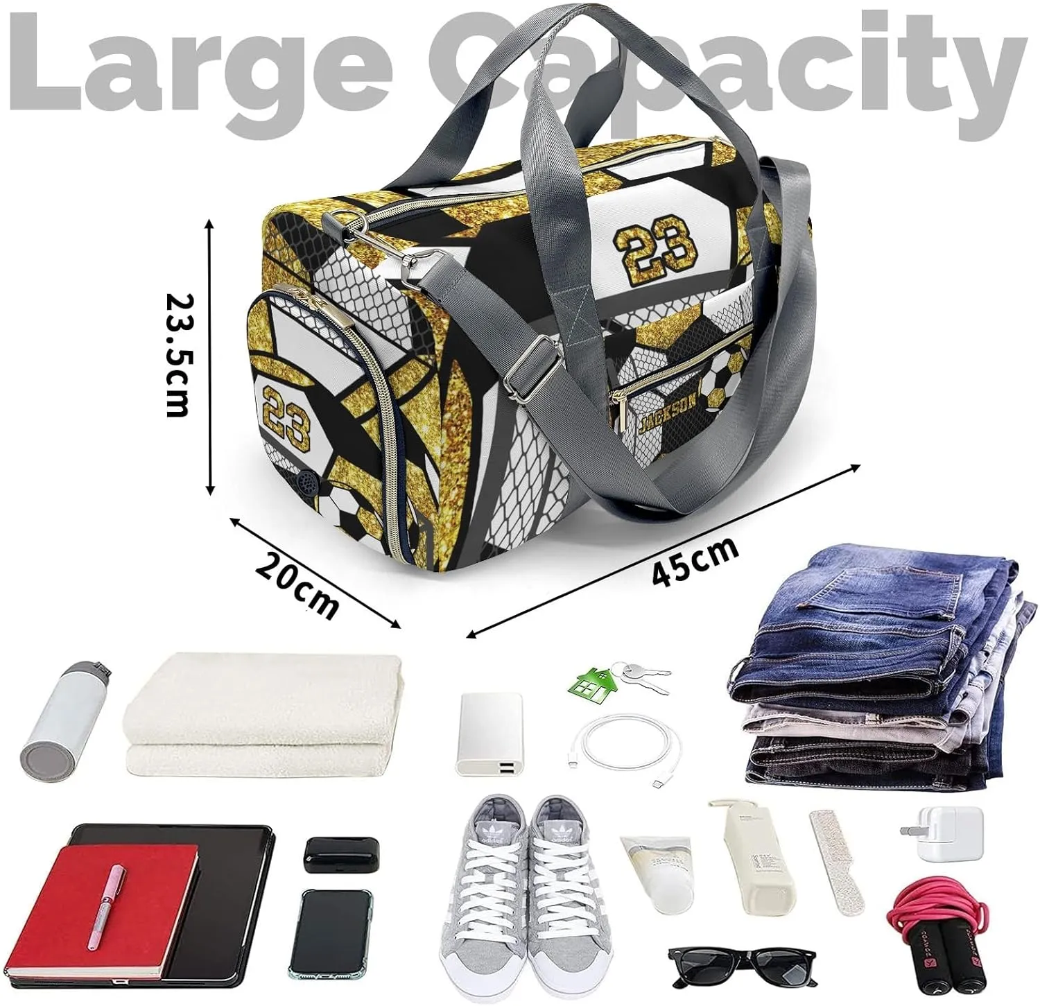 Sport Player Gym Bags Travel Duffle Bag,Soccer Ball Team Golden Weekender Duffel Bag With Shoe Compartment,Personalized Name Workout Duffle Sports Bag for Travel Yoga