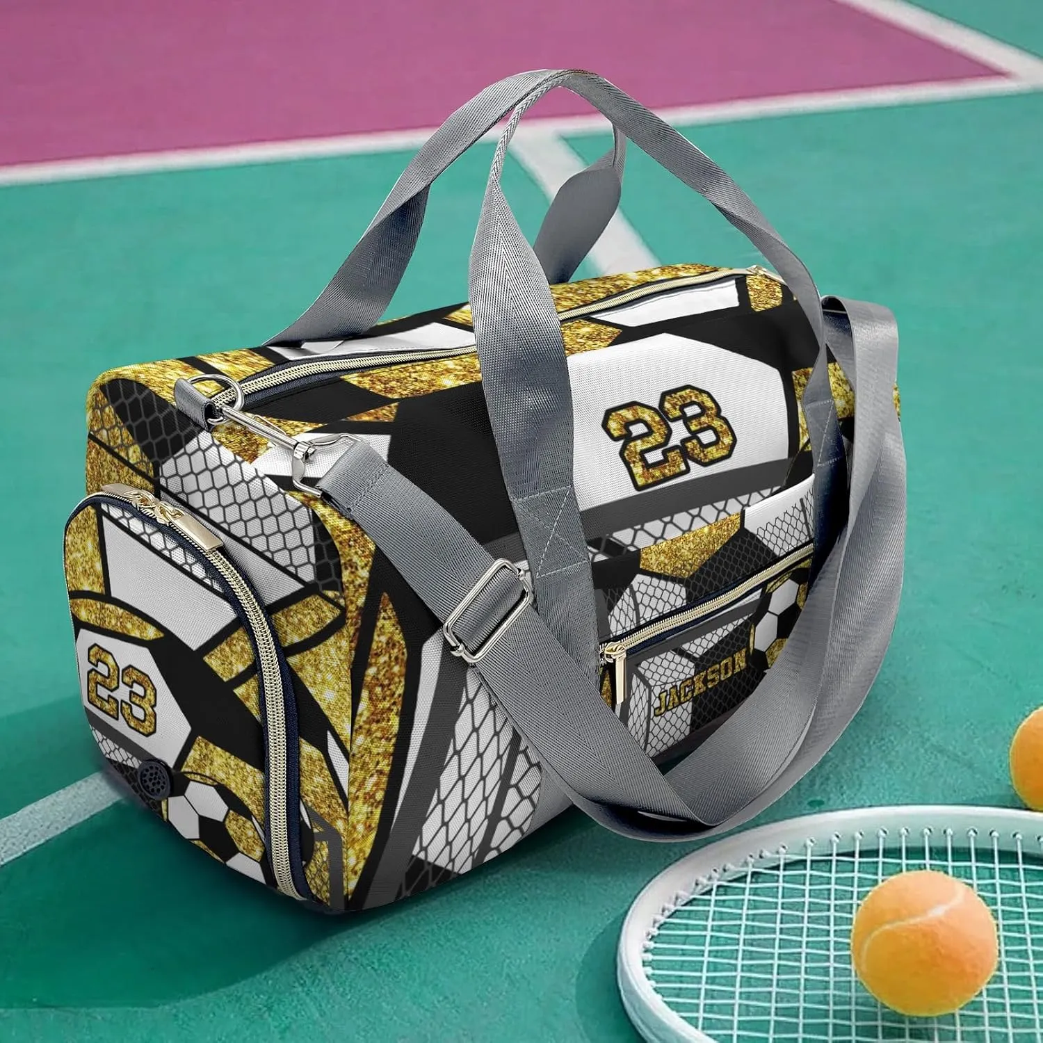 Sport Player Gym Bags Travel Duffle Bag,Soccer Ball Team Golden Weekender Duffel Bag With Shoe Compartment,Personalized Name Workout Duffle Sports Bag for Travel Yoga