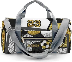 Sport Player Gym Bags Travel Duffle Bag,Soccer Ball Team Golden Weekender Duffel Bag With Shoe Compartment,Personalized Name Workout Duffle Sports Bag for Travel Yoga