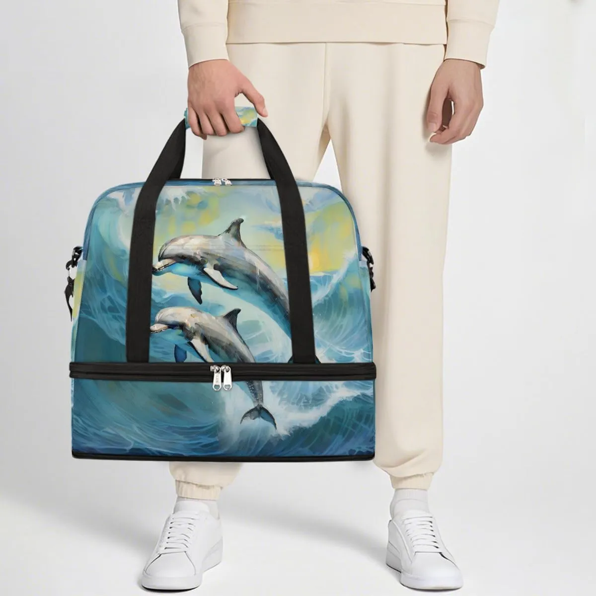Sports Gym Bag Animal Dolphin Ocean Large Travel Duffel Bag With Shoe Compartment Foldable Waterproof Carry-On Weekend Travel Bags for Camping Overnight Yoga Hospital Travel Bags