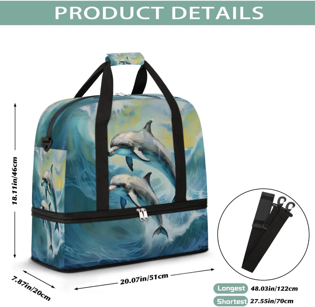 Sports Gym Bag Animal Dolphin Ocean Large Travel Duffel Bag With Shoe Compartment Foldable Waterproof Carry-On Weekend Travel Bags for Camping Overnight Yoga Hospital Travel Bags