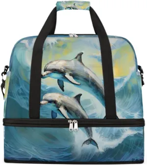 Sports Gym Bag Animal Dolphin Ocean Large Travel Duffel Bag With Shoe Compartment Foldable Waterproof Carry-On Weekend Travel Bags for Camping Overnight Yoga Hospital Travel Bags